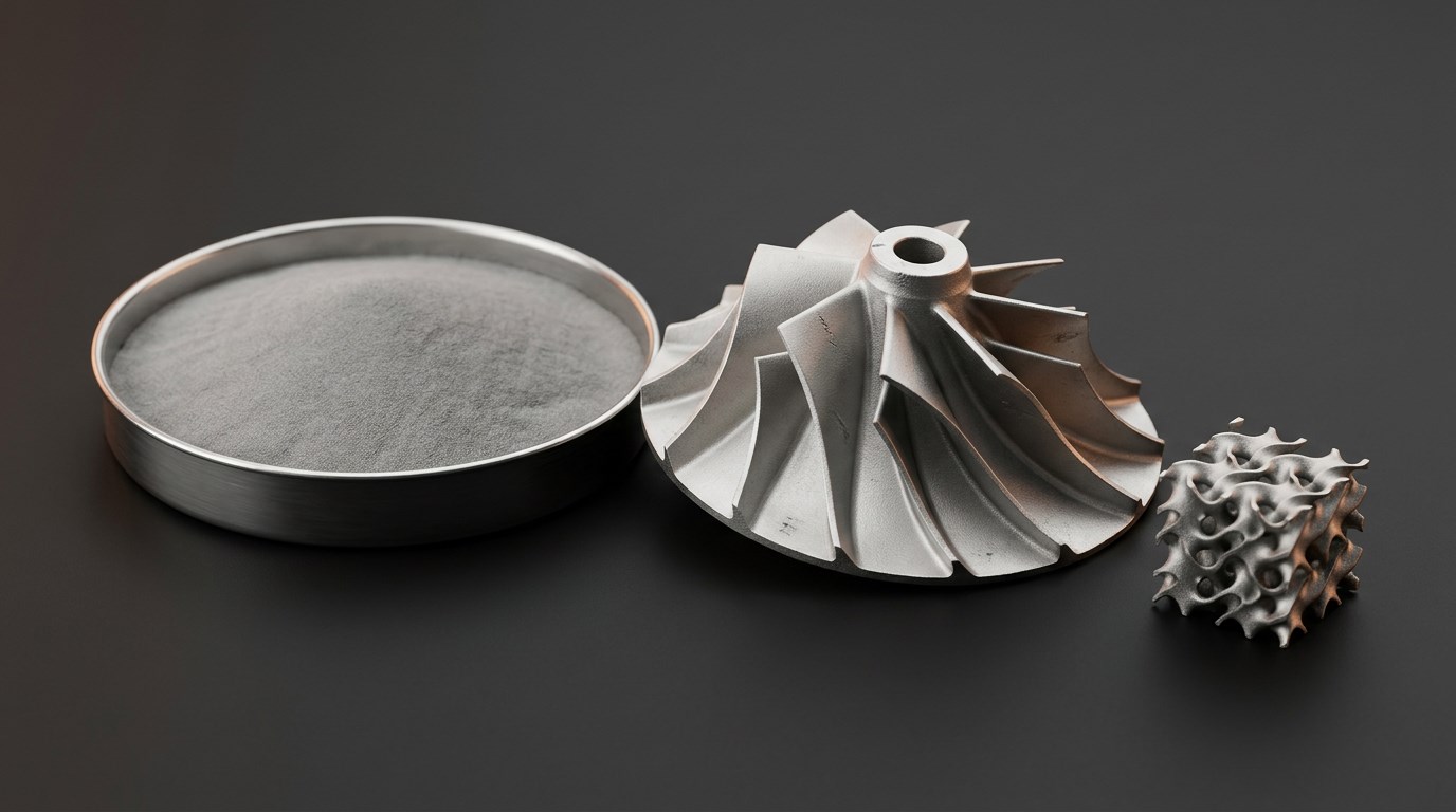 Fine metal powder displayed with additively manufactured turbine and lattice components
